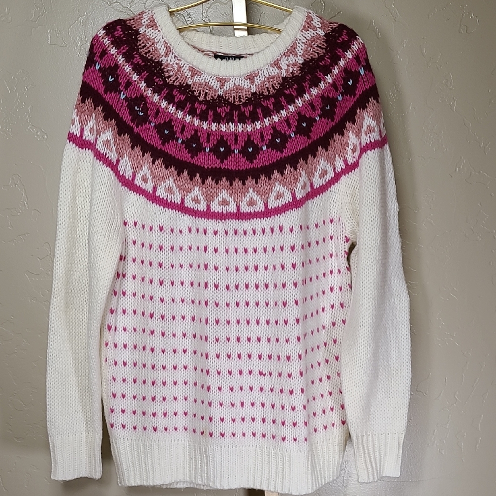 a.n.a. Women’s Fair Isle Sweater White Pink Burgundy Knit Pullover Size Medium‎